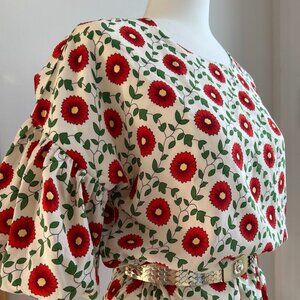 Compañía Fantástica Cream Mini Dress - Red Floral Print & Bubble Sleeves – EU L